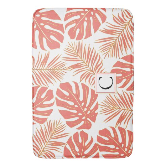 Moderne koraalbladeren en monogram tropisch badmat (Voorkant Verticaal)