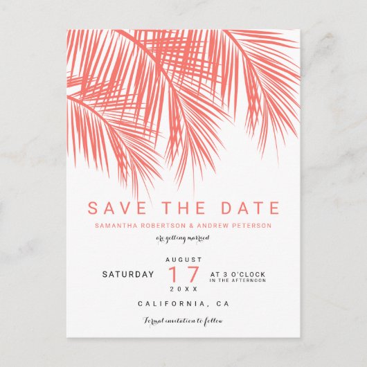 Moderne koraalpalmboom elegante save the date aankondigingskaart (Voorkant)