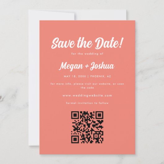 Moderne Koraalroze QR-code Trouwkaart Save The Date (Voorkant)