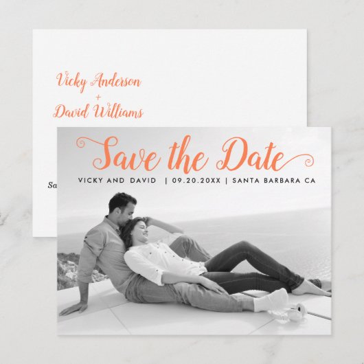 Moderne koraalscriptbruiloft Sparen de foto van de Briefkaart (Voorkant / Achterkant)