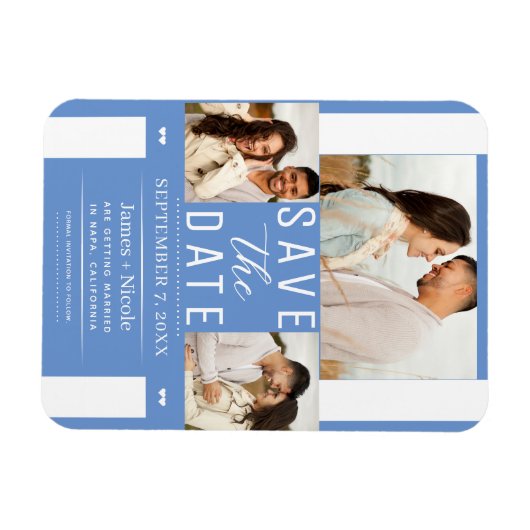 Moderne korenbloem Bewaar de datum 3 Foto Bruiloft Magneet (Horizontaal)