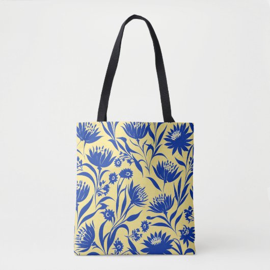 Moderne korenbloem blauwe bloem op geel tote bag (Voorkant)