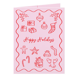 Moderne Krabbel Illustratie Doodle Roze en Rood Feestdagen Kaart