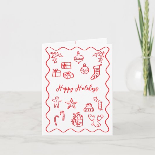 Moderne krabbelillustratie Doodle Rood en Wit Feestdagen Kaart (Voorkant)