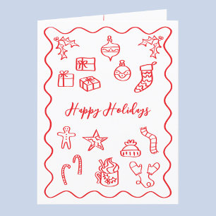Moderne krabbelillustratie Doodle Rood en Wit Feestdagen Kaart