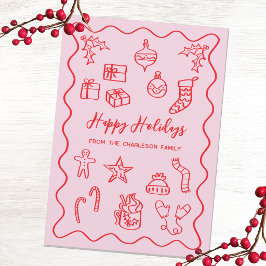 Moderne krabbelillustratie Doodle Roze en Rood Feestdagenkaart