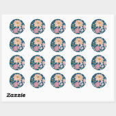 Moderne Krachtige Gele & Roze Bloemen op Blauw Ronde Sticker (Vel)