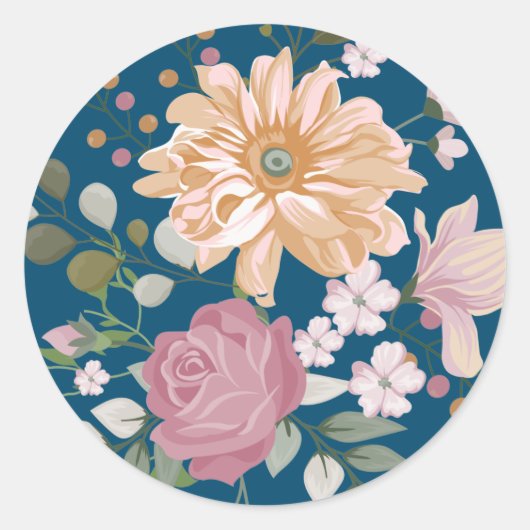 Moderne Krachtige Gele & Roze Bloemen op Blauw Ronde Sticker (Voorkant)