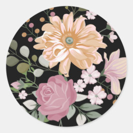 Moderne Krachtige Gele & Roze Bloemen op Zwart Ronde Sticker