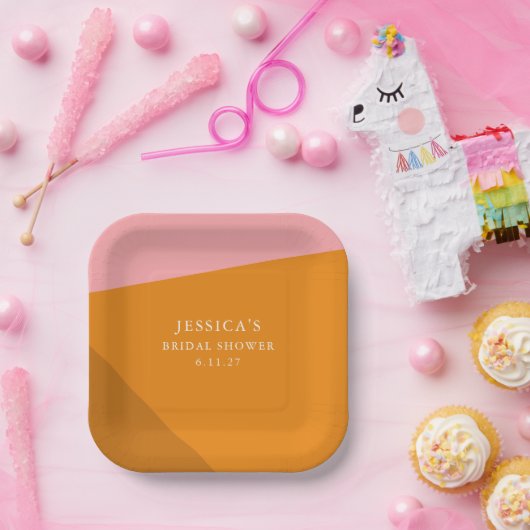 Moderne Krachtige Geometrische Roze Oranje Bruidsd Papieren Bordje (Feest)