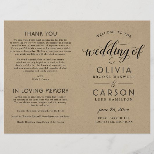 Moderne kraft- en Black Script Wedding-programma's (Voorkant)