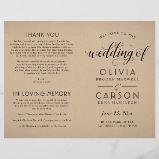 Moderne kraft- en Black Script Wedding-programma's (Voorkant)