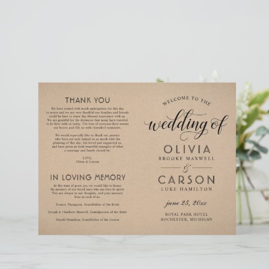 Moderne kraft- en Black Script Wedding-programma's (Staand voorkant)