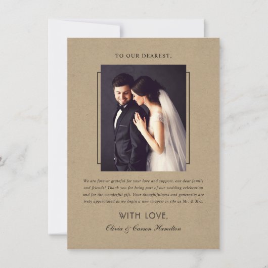 Moderne Kraft en Zwart Script bruiloft foto Bedankkaart (Achterkant)