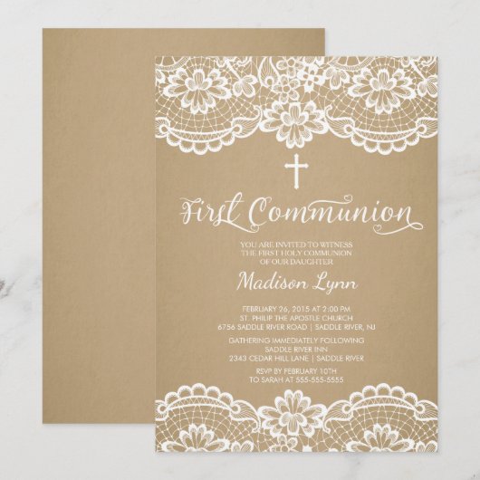 Moderne Kraft Lace Eerste Heilige Communie Uitnodi Kaart (Voorkant / Achterkant)