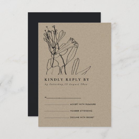 MODERNE KRAFT LIJNTEKENING FLORALE TROUW-RSVP INFORMATIEKAARTJE (Voorkant / Achterkant)