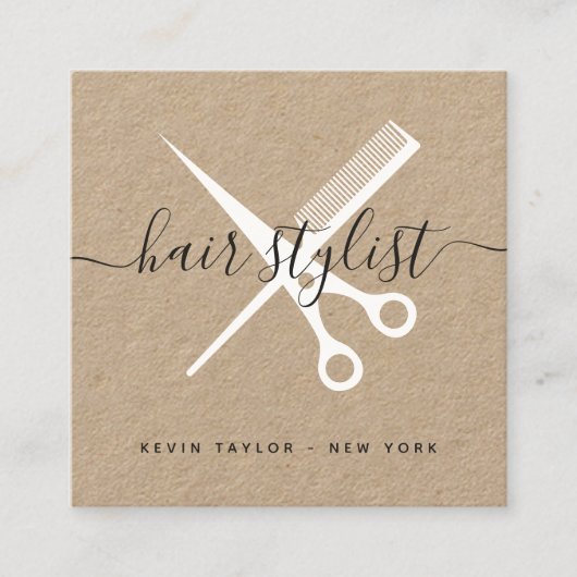 Moderne kraft witte schaar branding haarstylist vierkante visitekaartje (Voorkant)