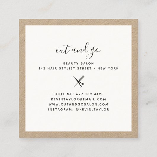 Moderne kraft witte schaar branding haarstylist vierkante visitekaartje (Achterkant)