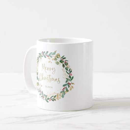 Moderne krans en gouden script | Vrolijk kerstfees Koffiemok (Voorkant links)