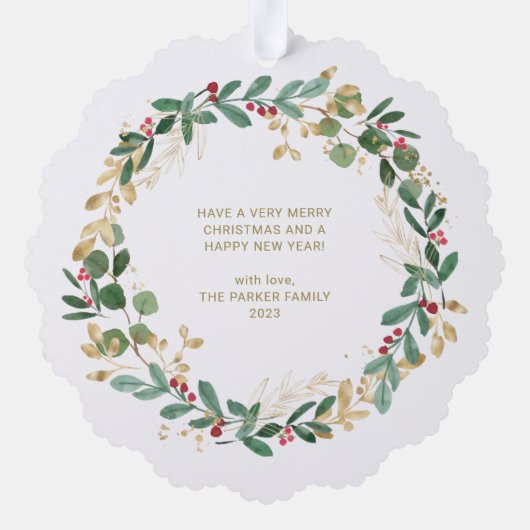 Moderne krans en gouden script | Vrolijk kerstfees Ornament Kaart (Achterkant)