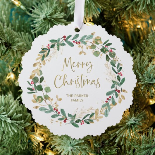 Moderne krans en gouden script | Vrolijk kerstfees Ornament Kaart (Insitu (Drie))