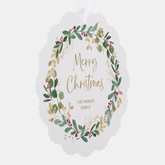 Moderne krans en gouden script | Vrolijk kerstfees Ornament Kaart (Rechts)