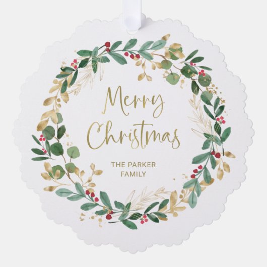 Moderne krans en gouden script | Vrolijk kerstfees Ornament Kaart (Voorkant)