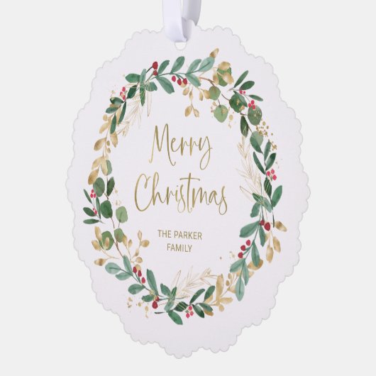 Moderne krans en gouden script | Vrolijk kerstfees Ornament Kaart (Links)