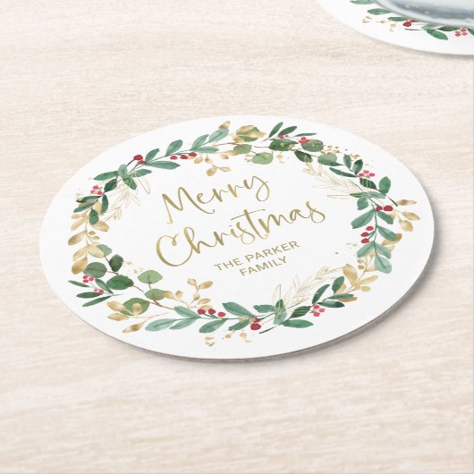 Moderne krans en gouden script | Vrolijk kerstfees Ronde Kartonnen Onderzetter (Gebogen)