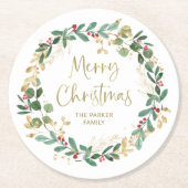 Moderne krans en gouden script | Vrolijk kerstfees Ronde Kartonnen Onderzetter (Voorkant)