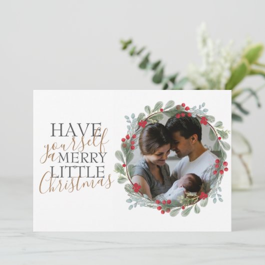 Moderne krans & foto Vrolijk kerstfeest Feestdagenkaart (Staand voorkant)