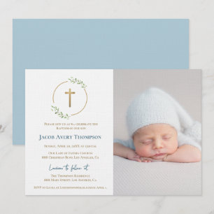 Moderne krans gouden kruis baby doop foto blauw kaart