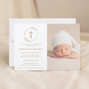 Moderne krans gouden kruis baby doop foto groen kaart