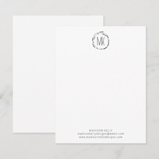 Moderne krans Handgeschreven Monogram Initialen Notitiekaartje (Voorkant / Achterkant)