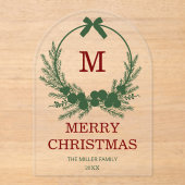 Moderne Krans Monogram Merry Christmas  Acryl Uitnodigingen (Voorkant)