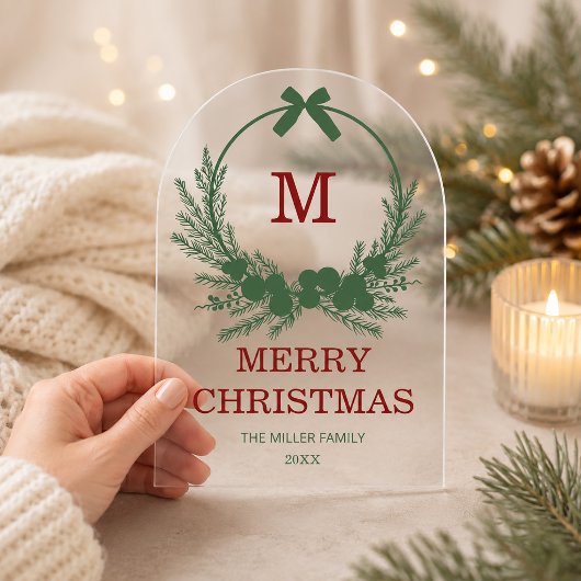 Moderne Krans Monogram Merry Christmas  Acryl Uitnodigingen