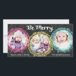 Moderne kransen Wees vrolijk Drie Foto Grijs Feestdagenkaart<br><div class="desc">Kleurrijke kransen Drie foto's Vakantiefotokaart van Orabella Prints.  Vervang de sjabloonafbeeldingen door foto's van uzelf voorafgaand aan de aankoop.</div>