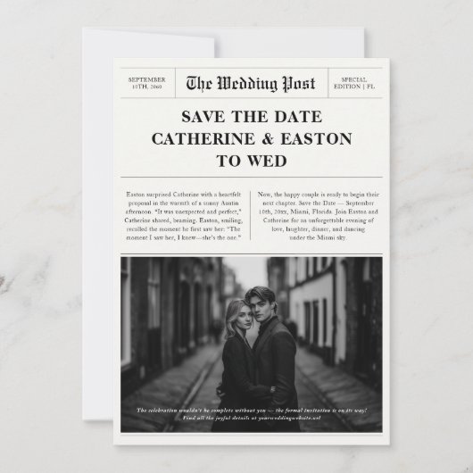 Moderne krant Bewaar de datum Kaart voor bruiloft (Voorkant)
