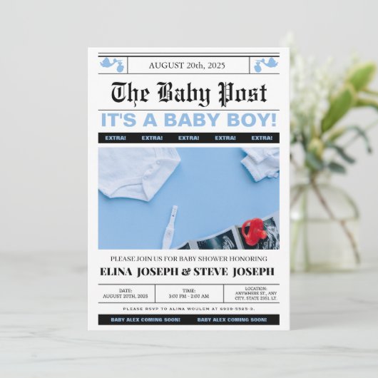Moderne krant foto Boy Baby shower Kaart (Staand voorkant)