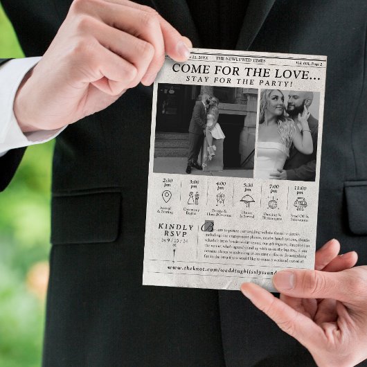 Moderne krant foto bruiloft uitnodiging tijdlijn