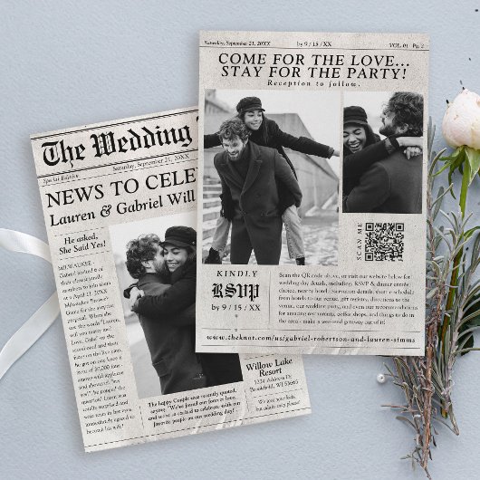 Moderne krant Foto QR Code Huwelijksuitnodiging Kaart