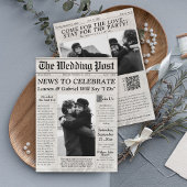 Moderne krant Foto QR Code Huwelijksuitnodiging Kaart