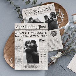 Moderne krant Foto QR Code Huwelijksuitnodiging Kaart