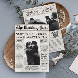 Moderne krant Foto QR Code Huwelijksuitnodiging Kaart