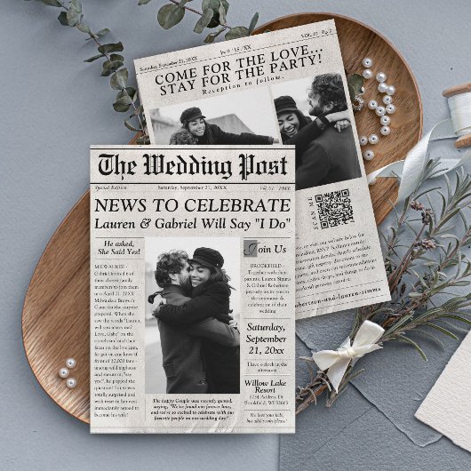Moderne krant Foto QR Code Huwelijksuitnodiging Kaart