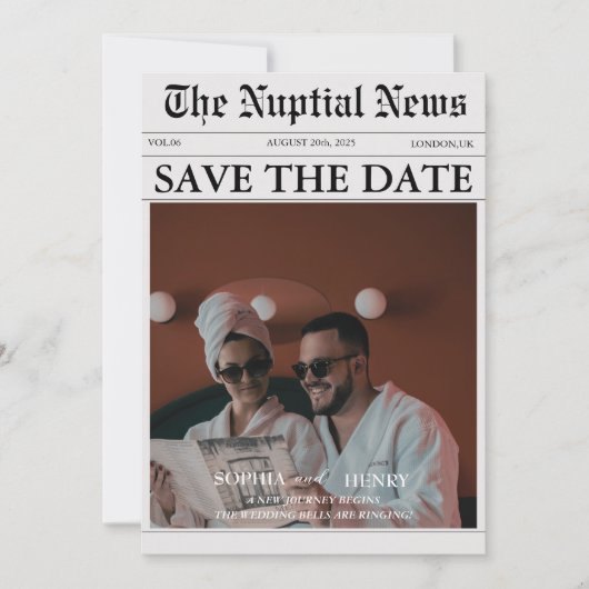 Moderne  krant Fun-Style foto bruiloft Save The Date (Voorkant)