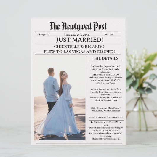 Moderne krant huwelijksvlucht trouw aankondiging (Staand voorkant)