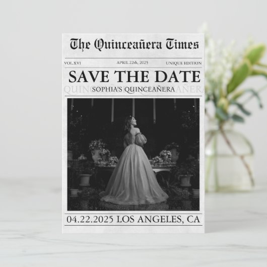 Moderne krant quinceañera foto opslaan van de datu kaart (Staand voorkant)