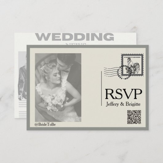 moderne krantenstijl bruiloft RSVP kaartje (Voorkant / Achterkant)