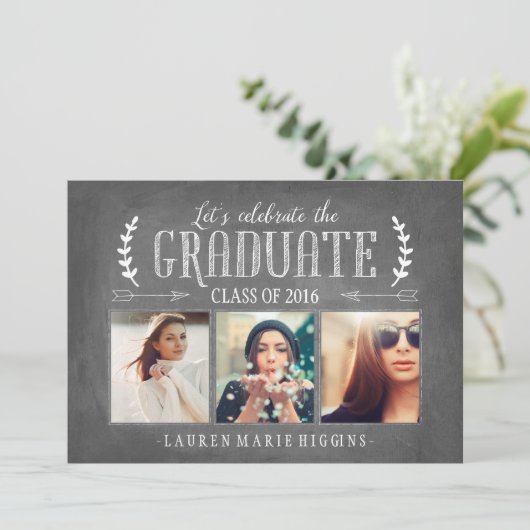Moderne Krijtbord Graduation Party Fotocollage Kaart (Staand voorkant)